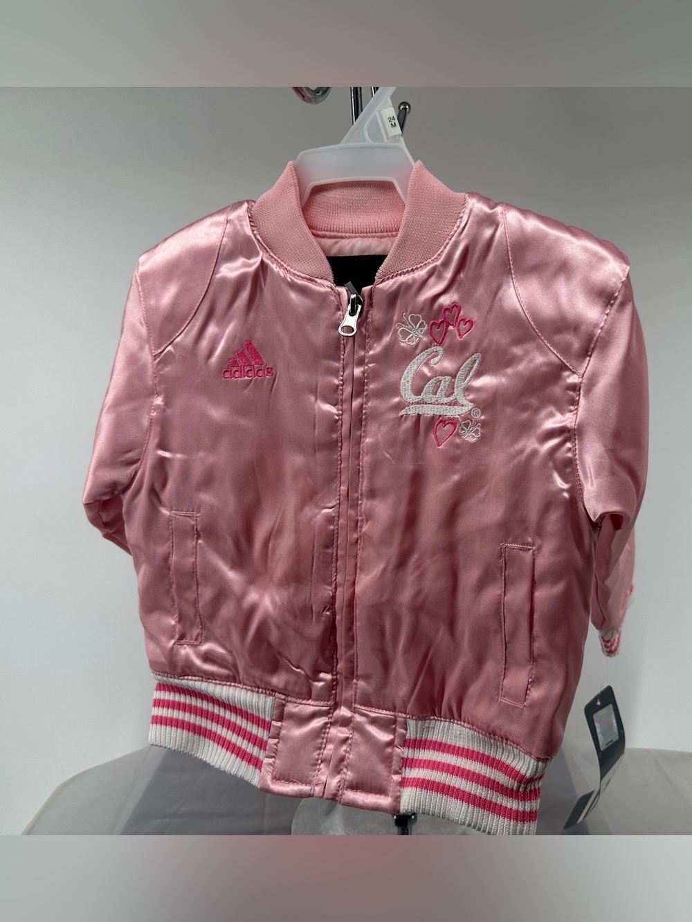 NWT Adidas U CAL BERK pink satin heart letterman jacket